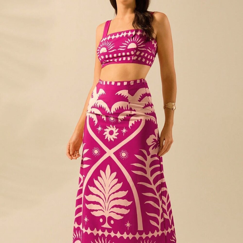Hot Pink Boho Women's Coconut Print Cropped Cami Top And Fitted Maxi Skirt Set
